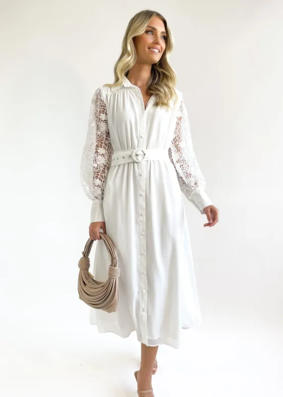 Frannie Lace Midi Dress - Off White sold by Gingham & Heels