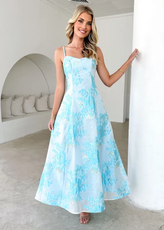 Tralentina Midi Dress - Pale Blue Brocade sold by Gingham & Heels