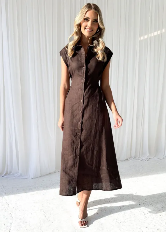 Makari Linen Midi Dress - Chocolate sold by Gingham & Heels