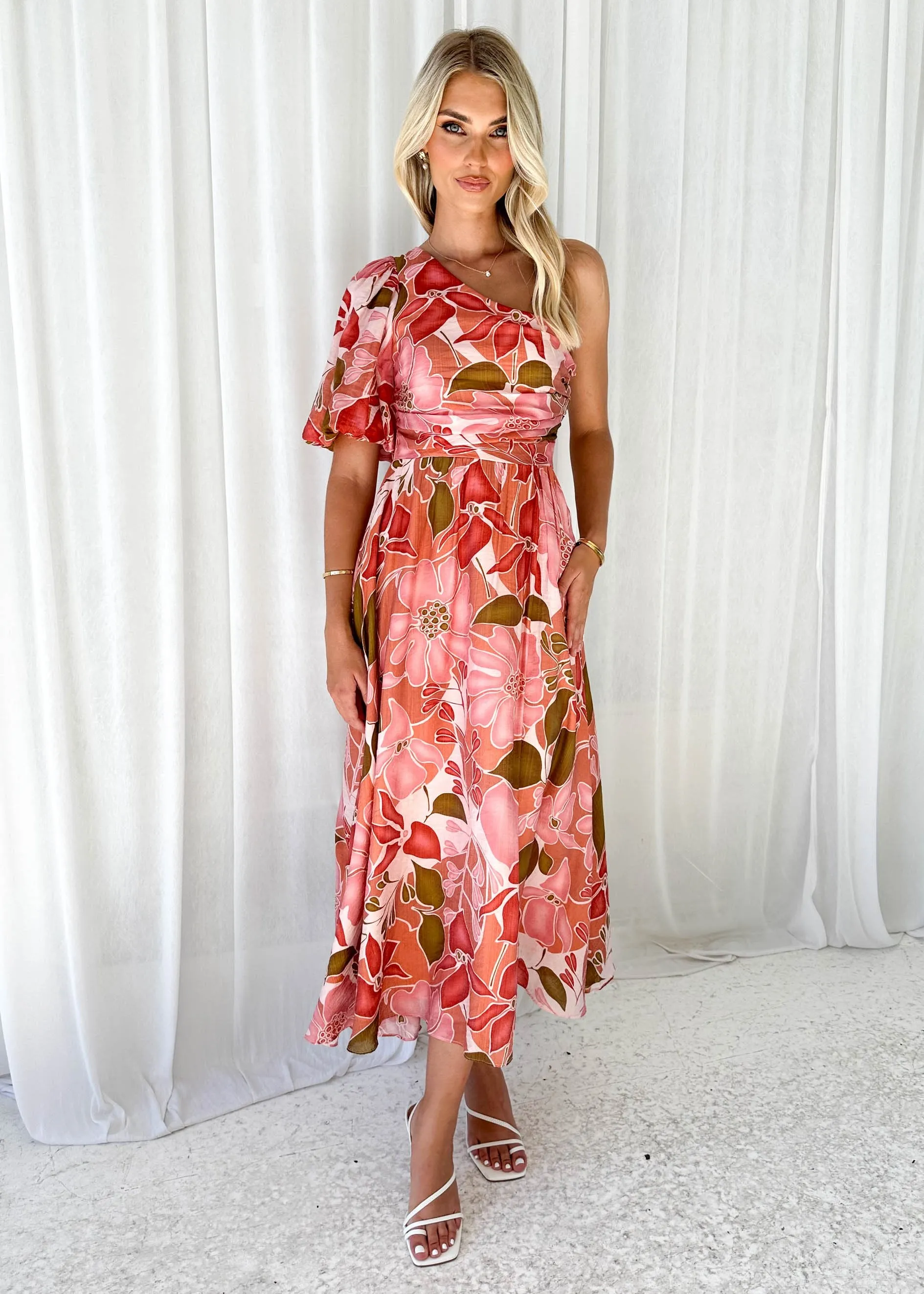 Kelsey One Shoulder Midi Dress - Pink Floral sold by Gingham & Heels product image thumbnail 4