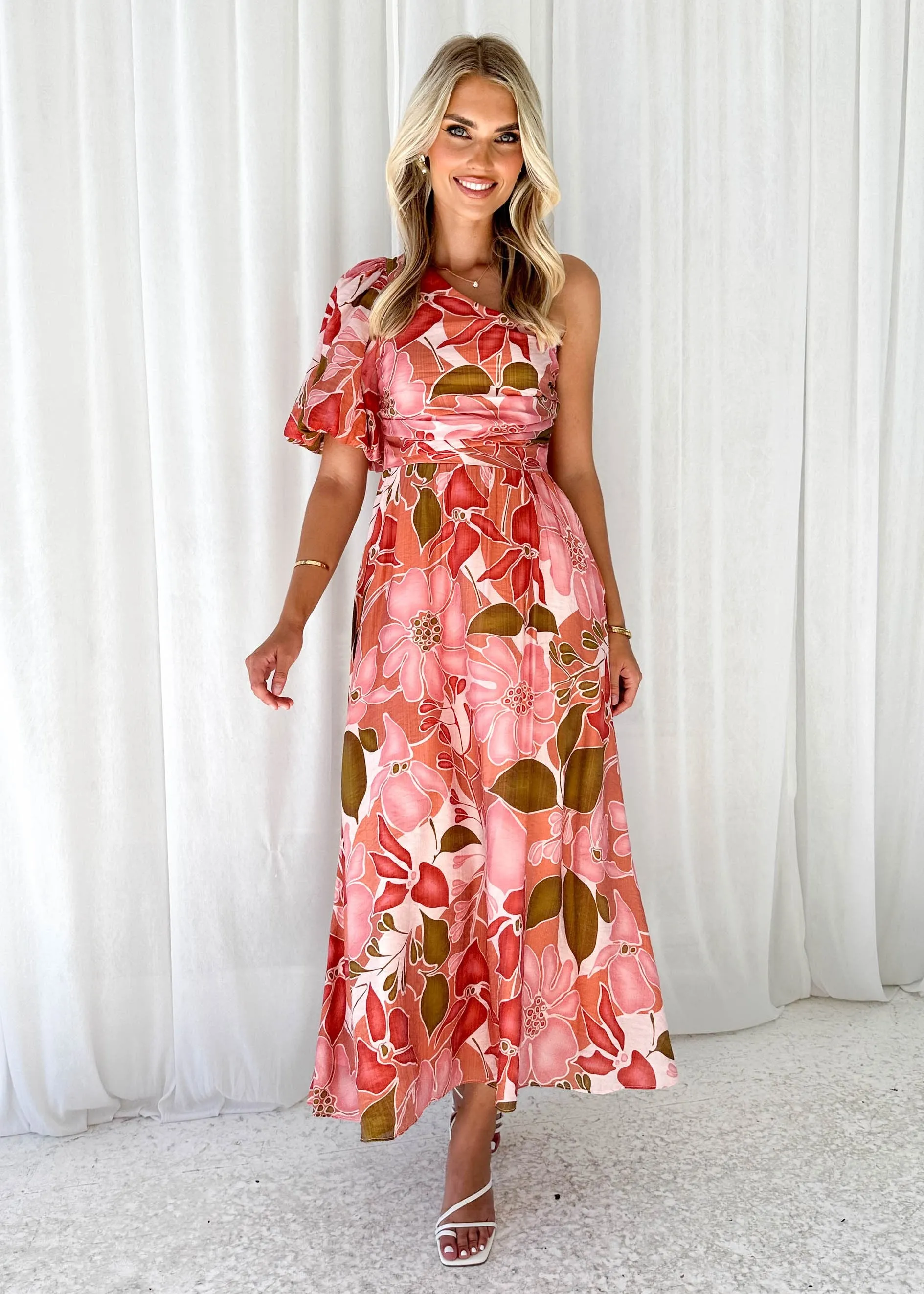 Kelsey One Shoulder Midi Dress - Pink Floral sold by Gingham & Heels product image thumbnail 3