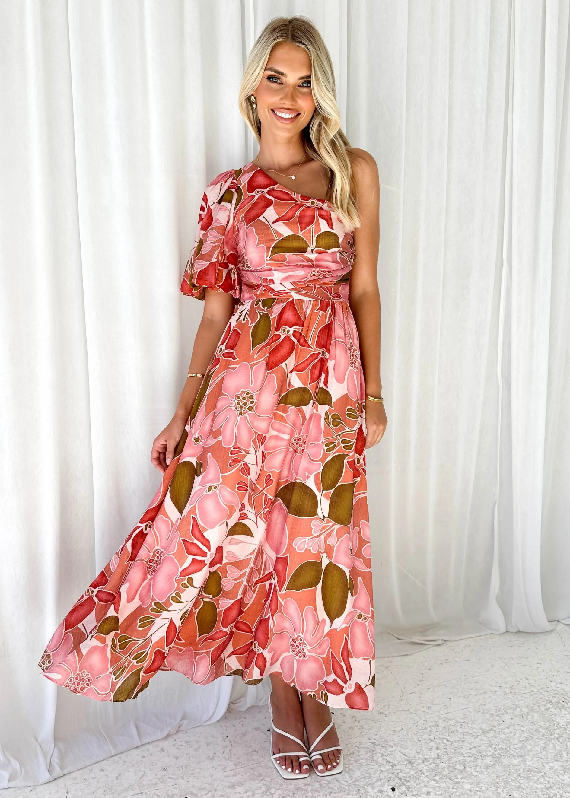 Kelsey One Shoulder Midi Dress - Pink Floral sold by Gingham & Heels