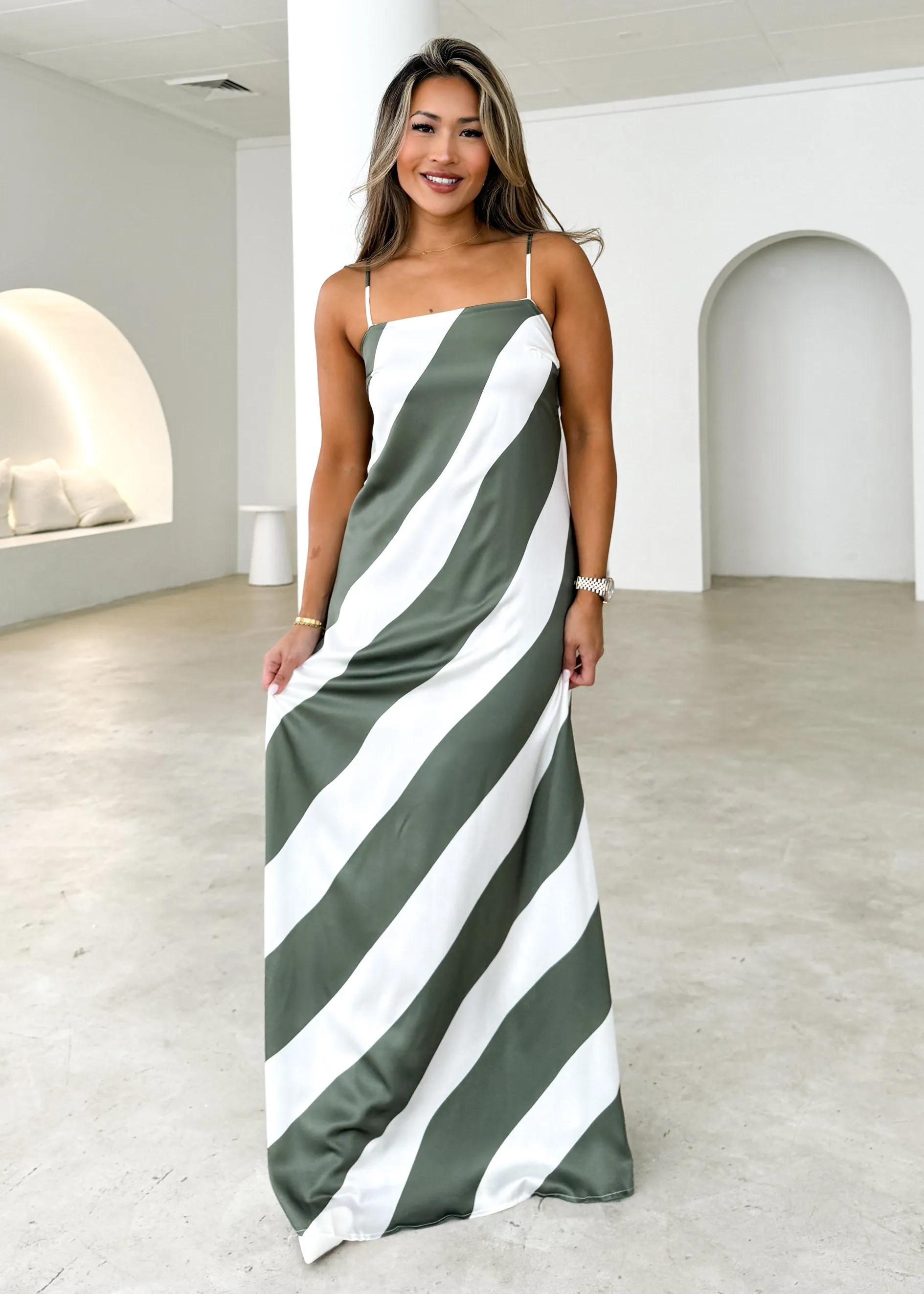 Kaela Maxi Dress - Khaki Stripe sold by Gingham & Heels