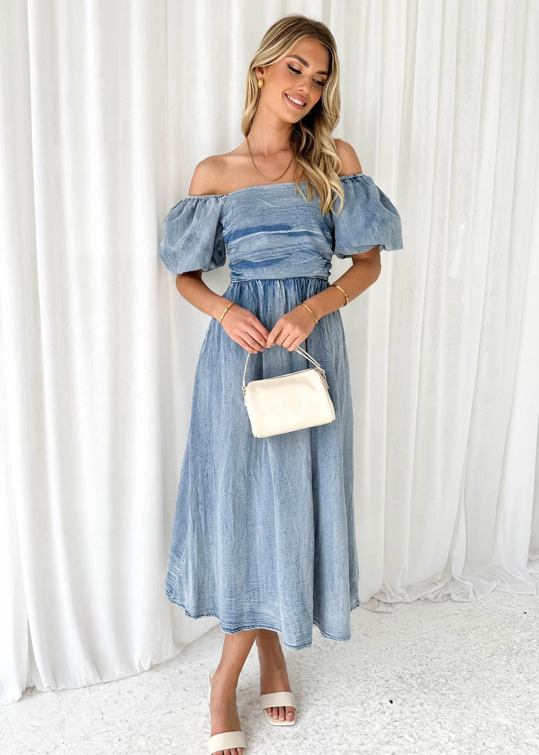 Bayza Stretch Denim Midi Dress - Washed Blue sold by Gingham & Heels product image thumbnail 5