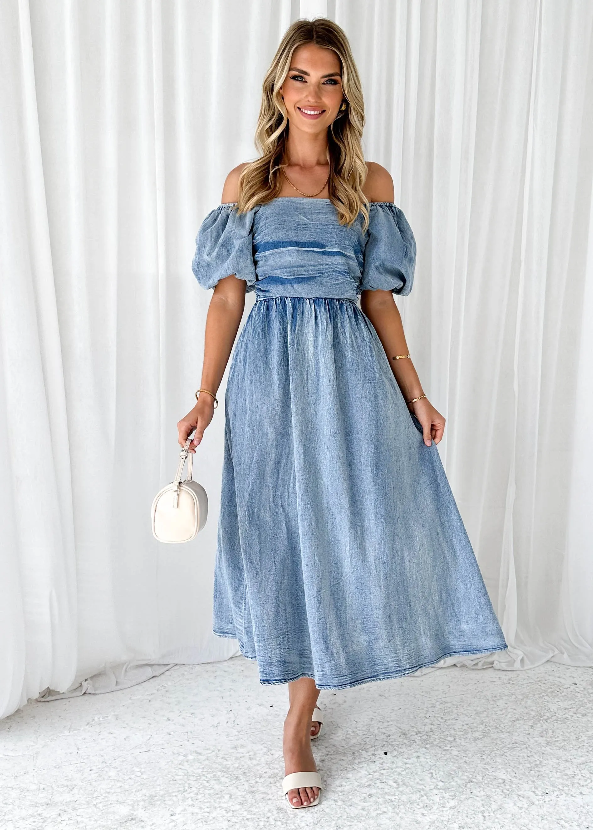 Bayza Stretch Denim Midi Dress - Washed Blue sold by Gingham & Heels product image thumbnail 4