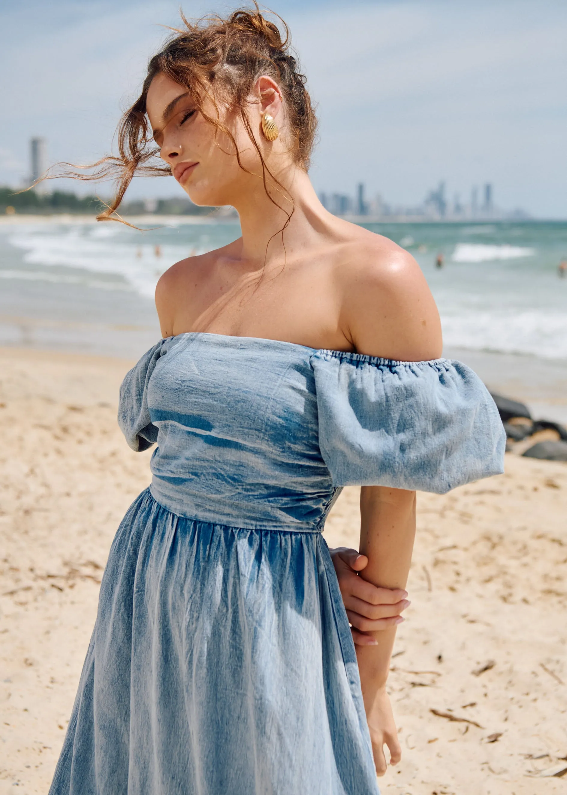 Bayza Stretch Denim Midi Dress - Washed Blue sold by Gingham & Heels