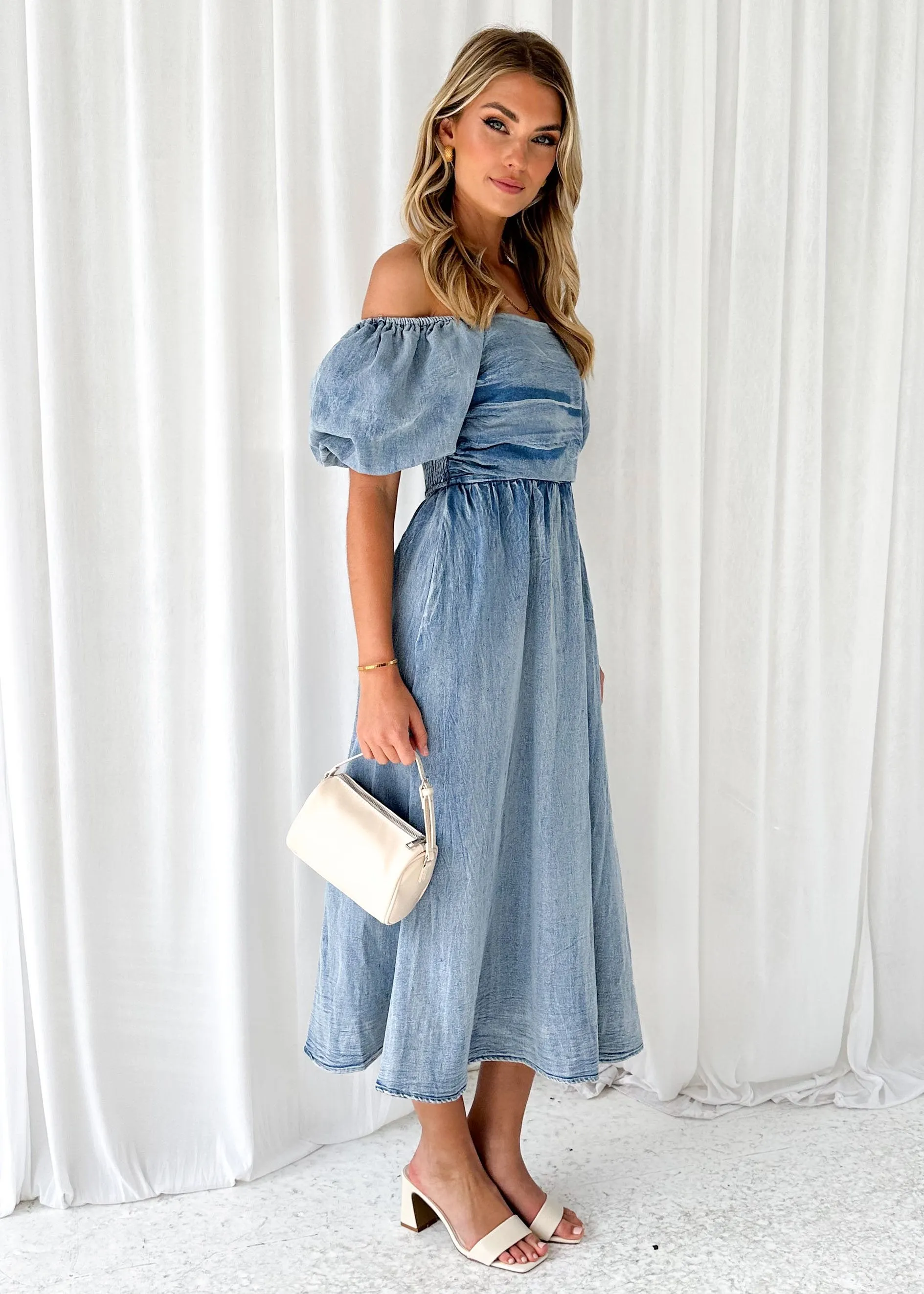 Bayza Stretch Denim Midi Dress - Washed Blue sold by Gingham & Heels product image thumbnail 3