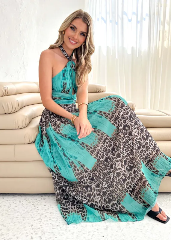Riqley Maxi Dress - Aqua Leopard sold by Gingham & Heels
