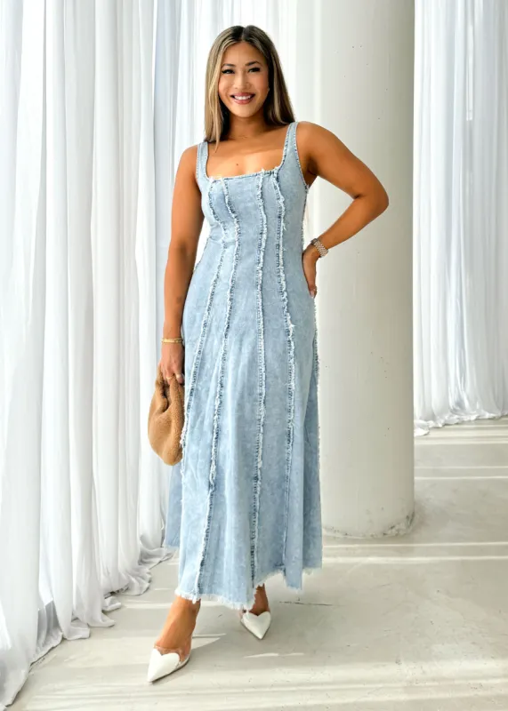 Neeva Stretch Denim Midi Dress - Light Blue sold by Gingham & Heels