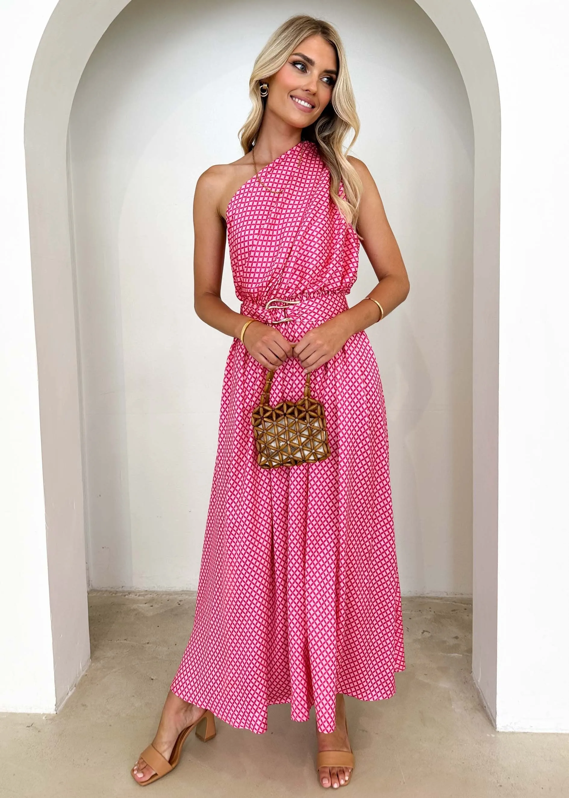 Korah One Shoulder Midi Dress - Pink Check sold by Gingham & Heels product image thumbnail 3