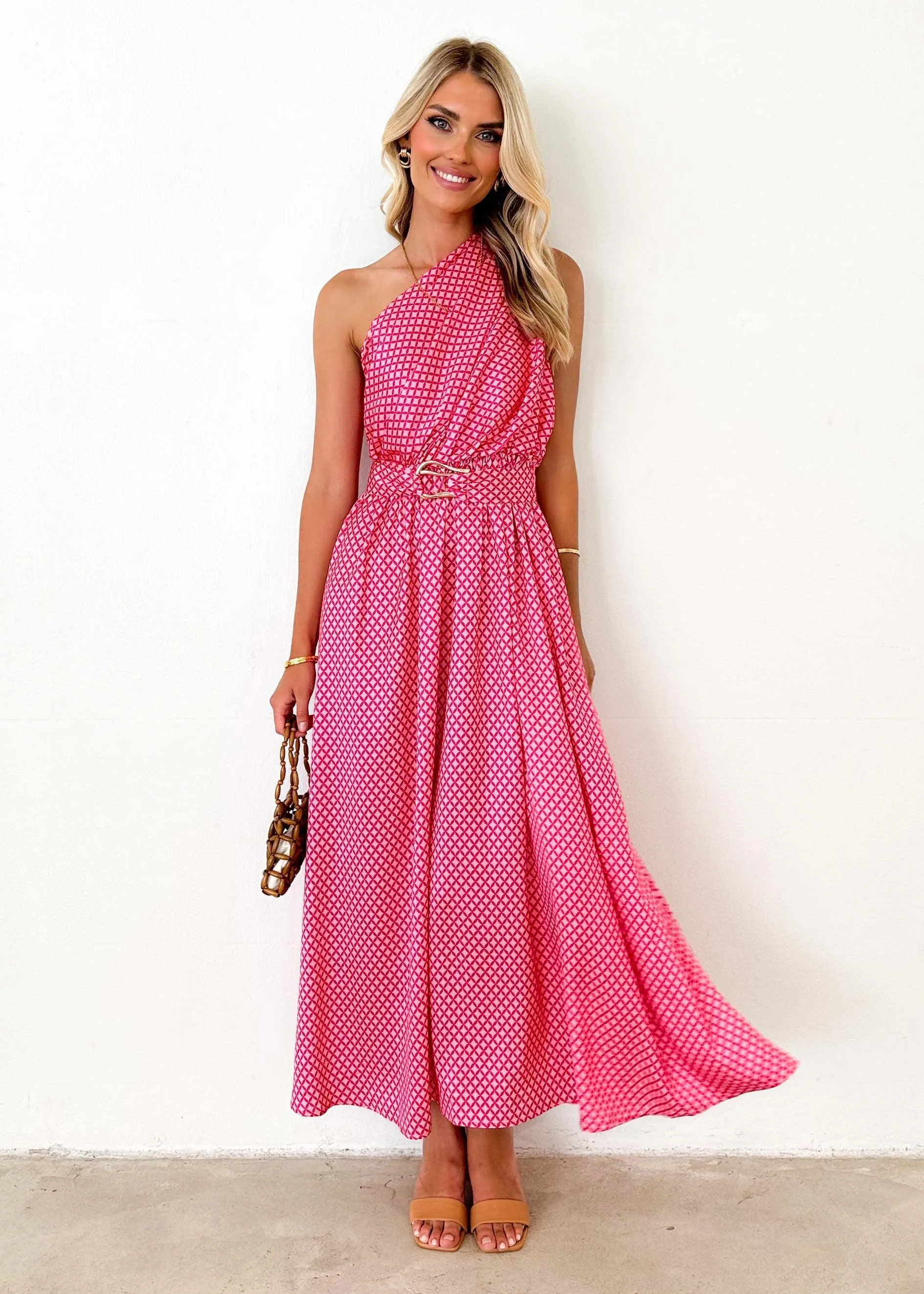 Korah One Shoulder Midi Dress - Pink Check sold by Gingham & Heels product image thumbnail 5