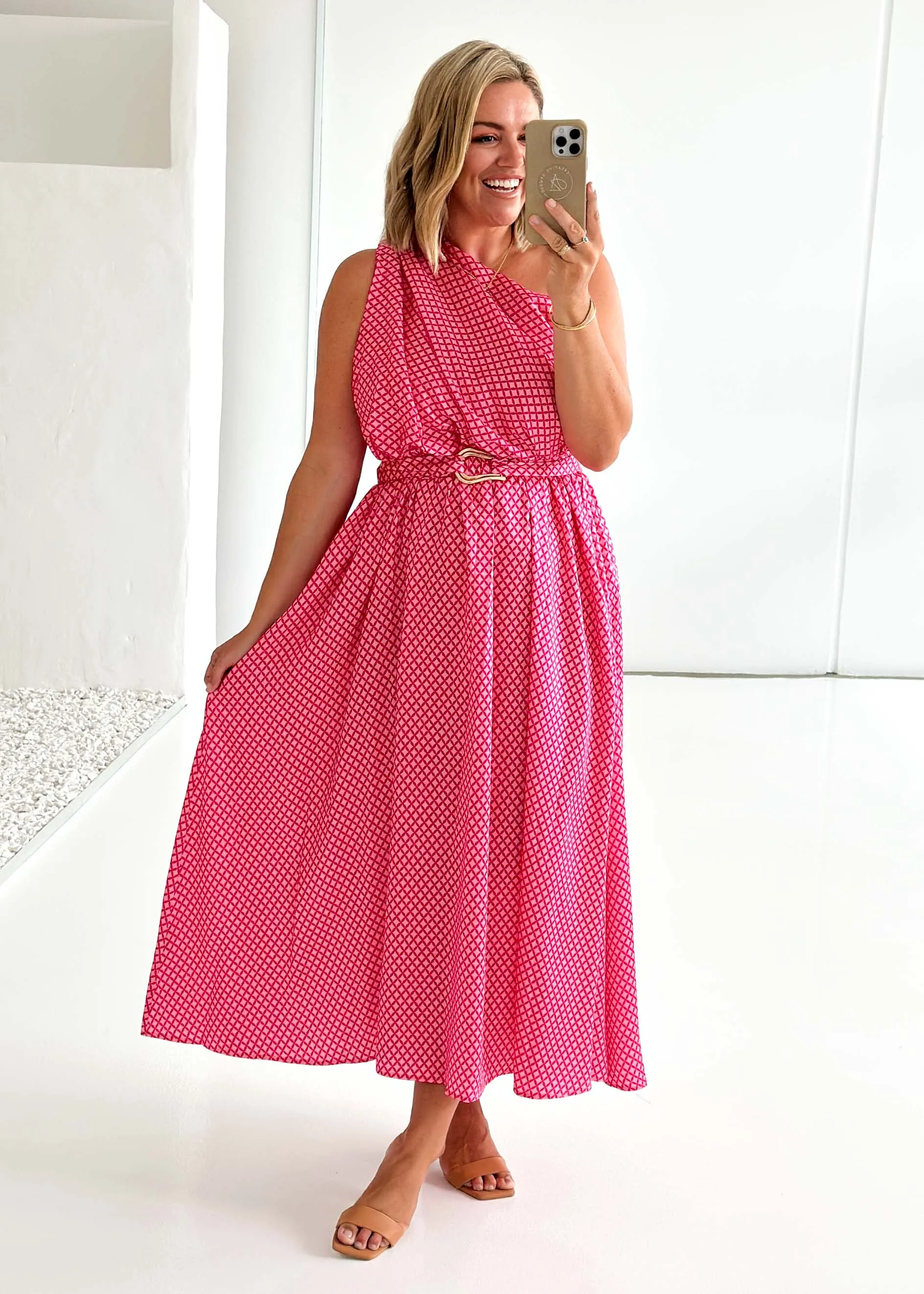 Korah One Shoulder Midi Dress - Pink Check sold by Gingham & Heels product image thumbnail 2