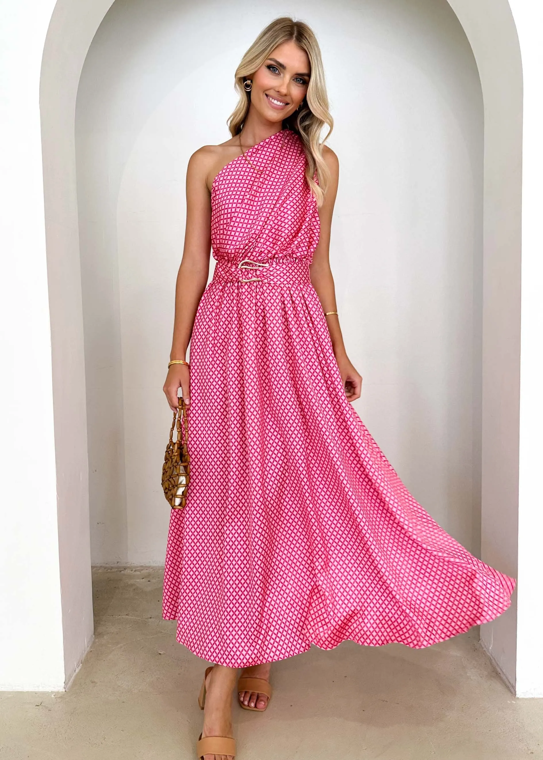 Korah One Shoulder Midi Dress - Pink Check sold by Gingham & Heels