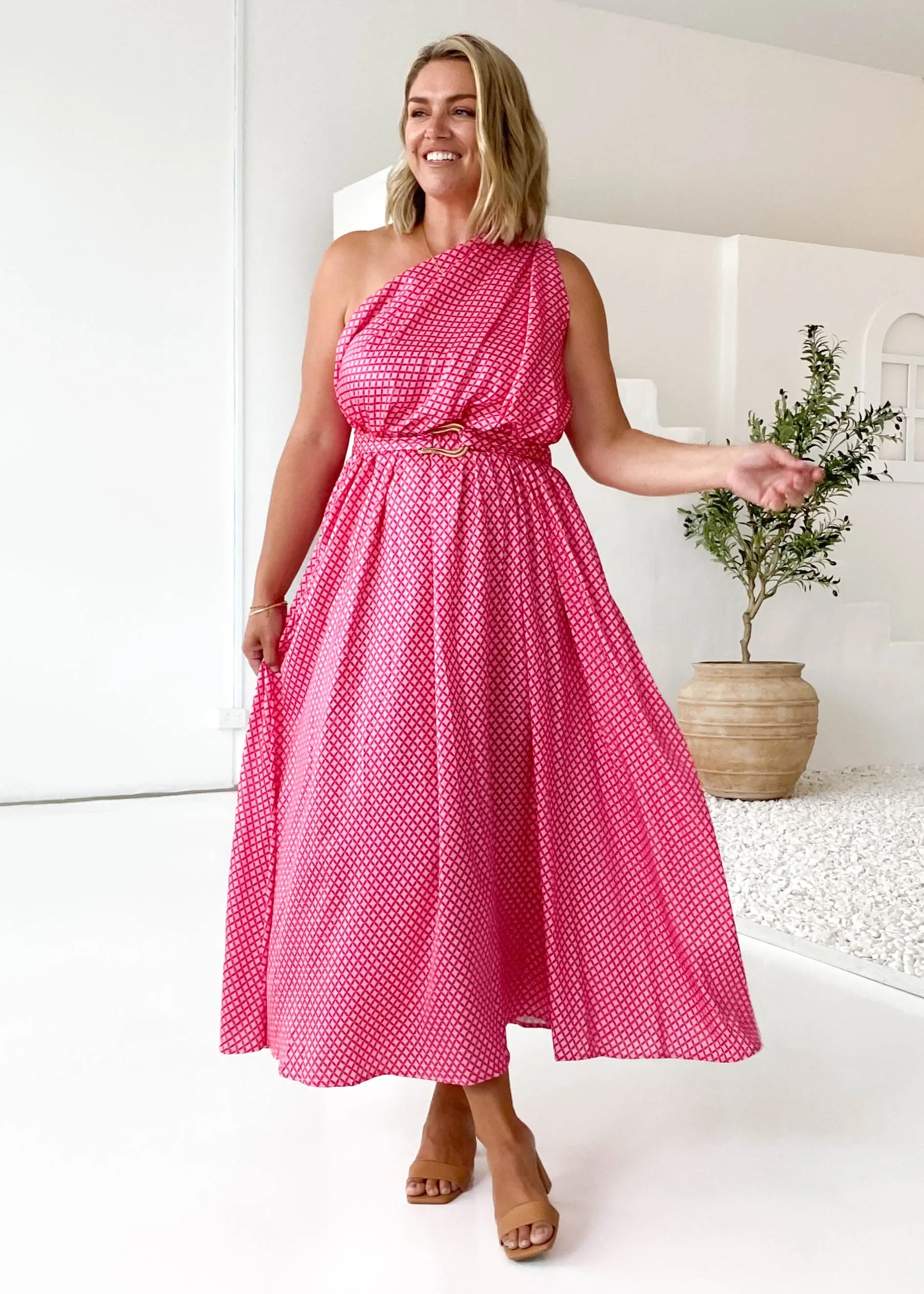 Korah One Shoulder Midi Dress - Pink Check sold by Gingham & Heels product image thumbnail 4