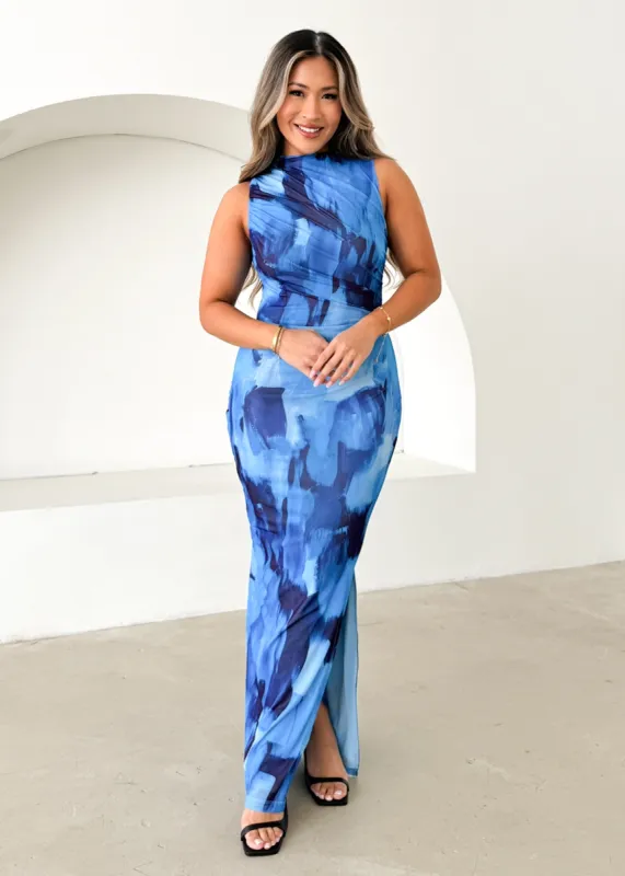 Jacey Mesh Maxi Dress - Blue Abstract sold by Gingham & Heels