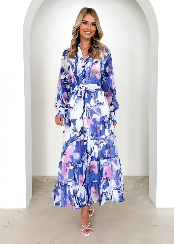 Amelie Maxi Dress - Blue Watercolour sold by Gingham & Heels
