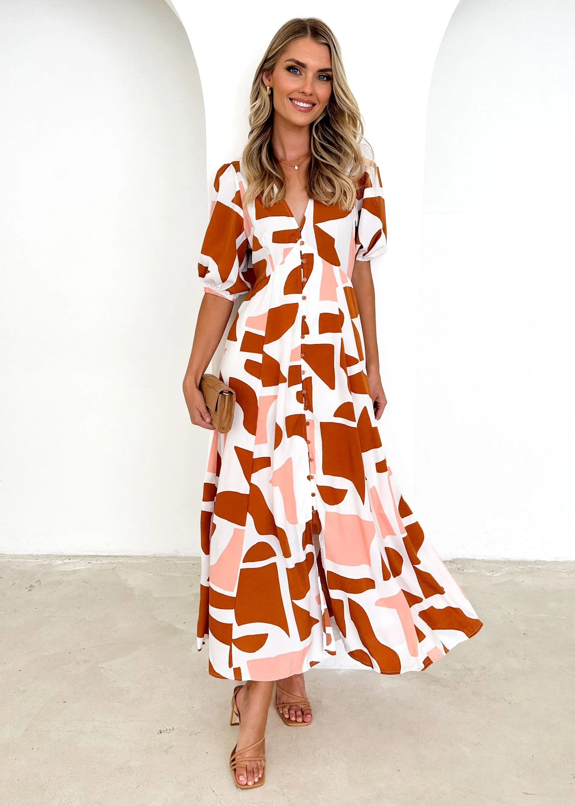 Evienne Midi Dress - Cinnamon Peach sold by Gingham & Heels