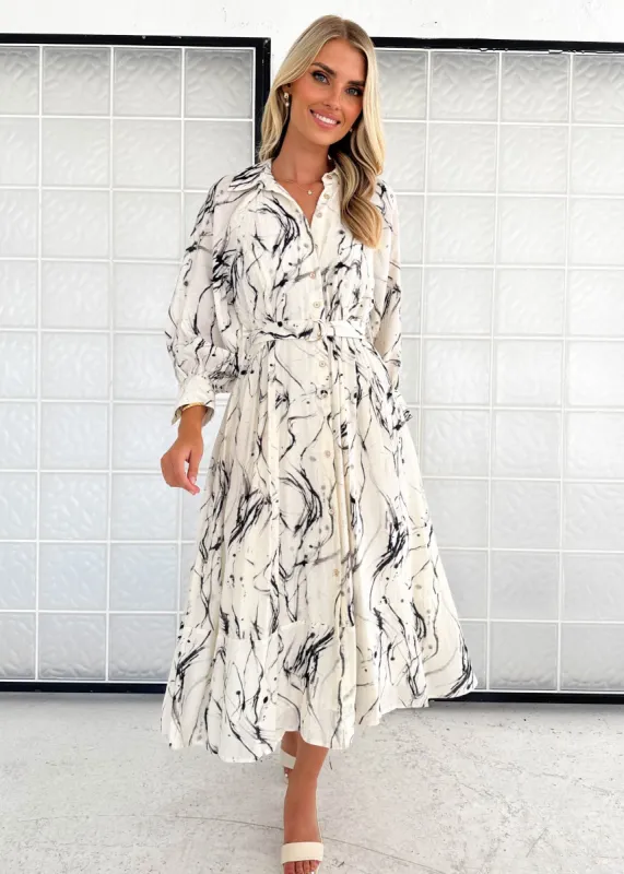 Bonnie Midi Dress - Black Swirl sold by Gingham & Heels