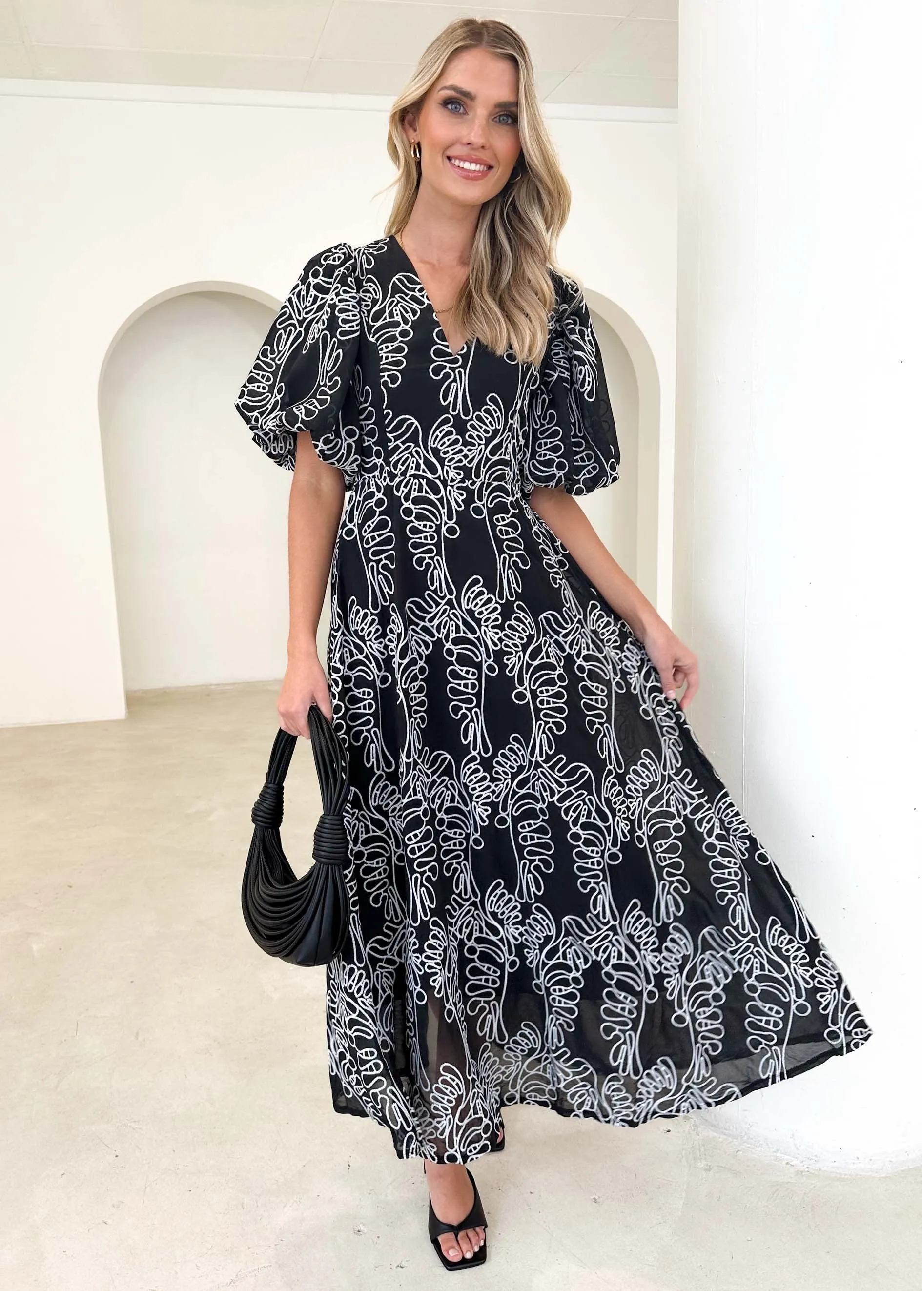 Ninetta Midi Dress - Black Embroidered sold by Gingham & Heels
