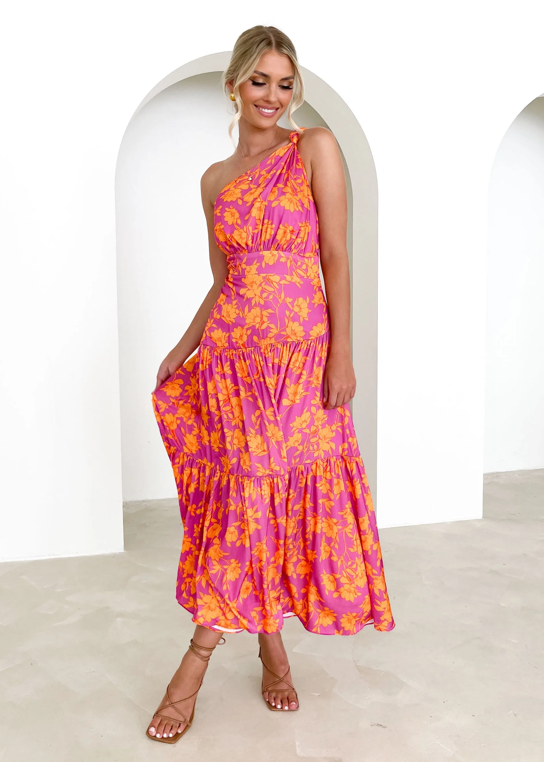 Rummi One Shoulder Midi Dress - Magenta Floral sold by Gingham & Heels product image thumbnail 3