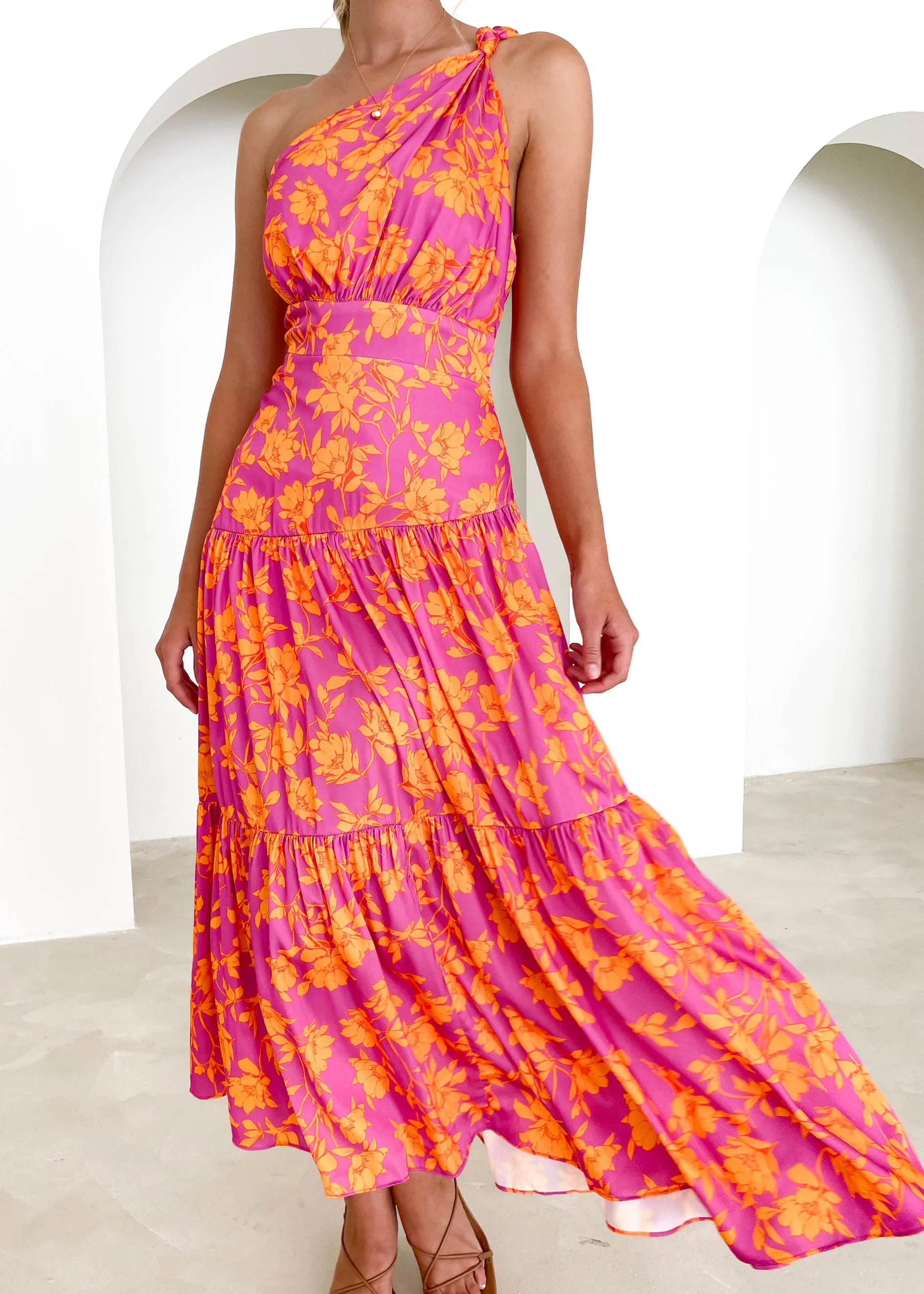 Rummi One Shoulder Midi Dress - Magenta Floral sold by Gingham & Heels product image thumbnail 5