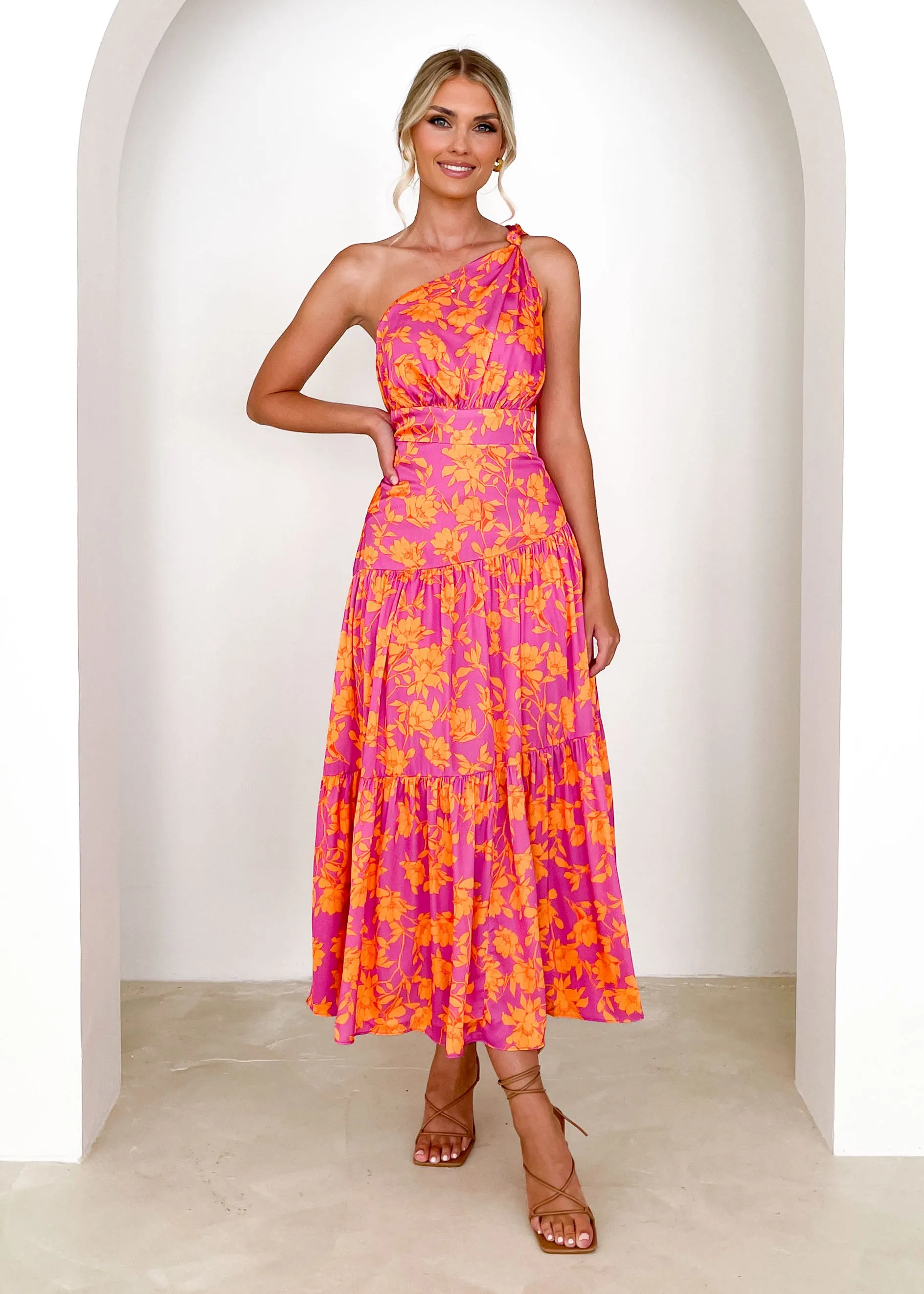 Rummi One Shoulder Midi Dress - Magenta Floral sold by Gingham & Heels