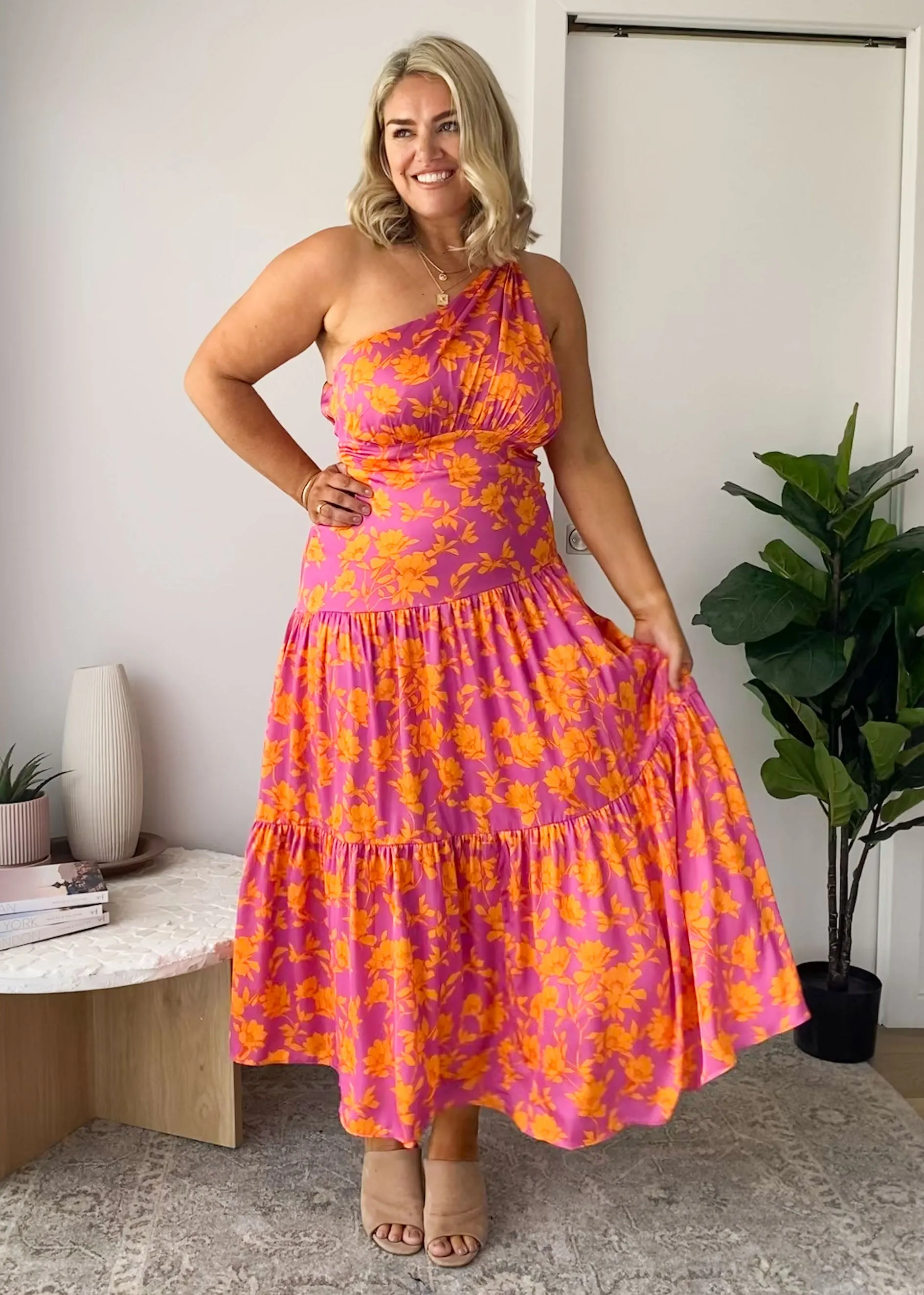 Rummi One Shoulder Midi Dress - Magenta Floral sold by Gingham & Heels product image thumbnail 2