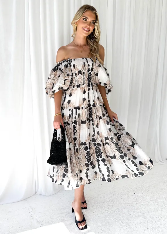 Irma Off Shoulder Midi Dress - Beige Blossom sold by Gingham & Heels