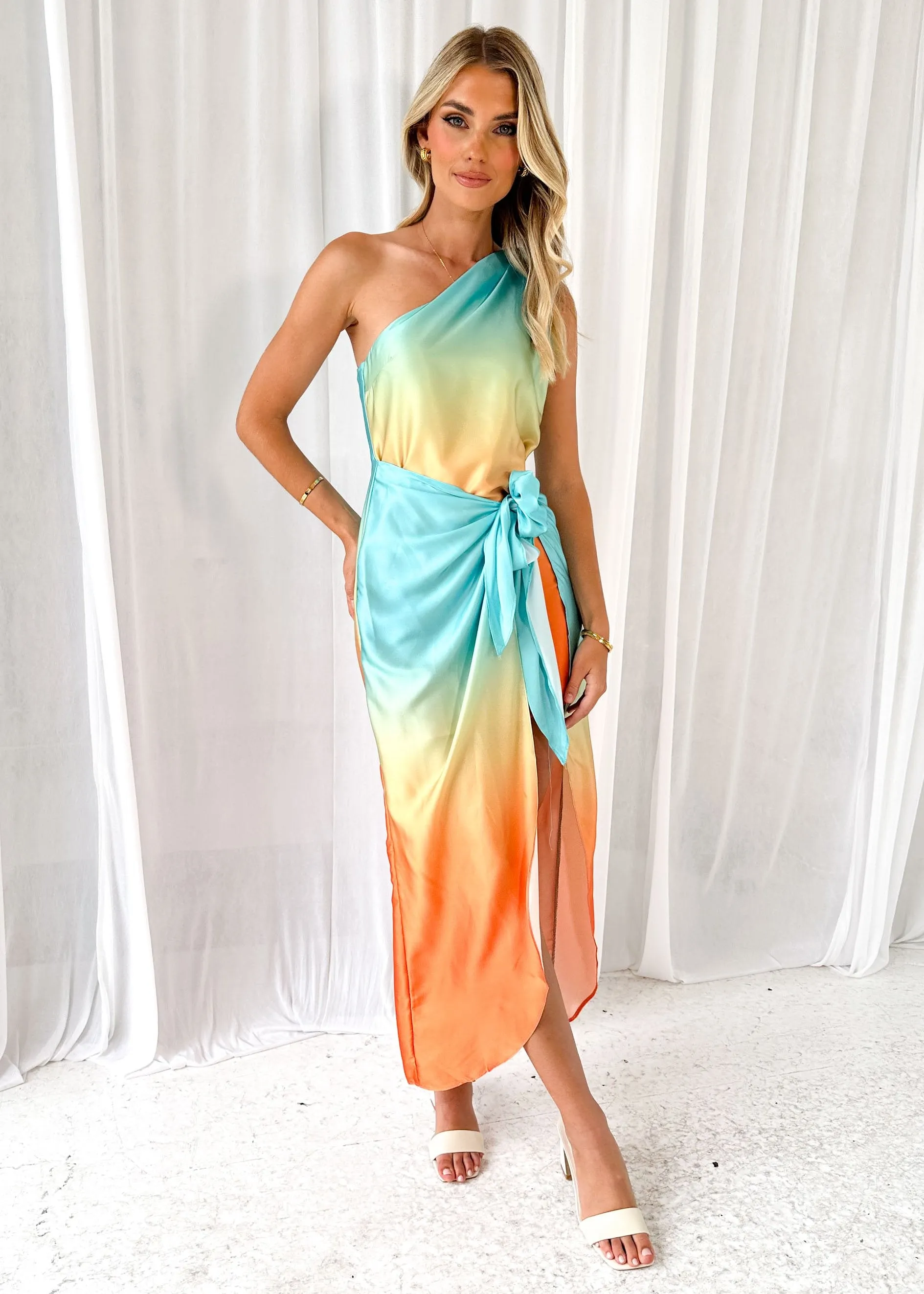 Parcha One Shoulder Midi Dress - Aqua Ombre sold by Gingham & Heels