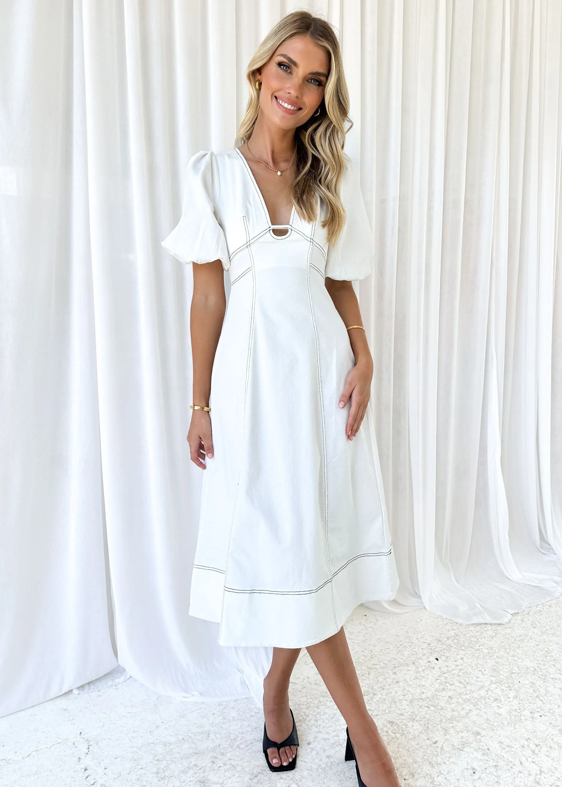Auli Stretch Denim Midi Dress - Off White sold by Gingham & Heels