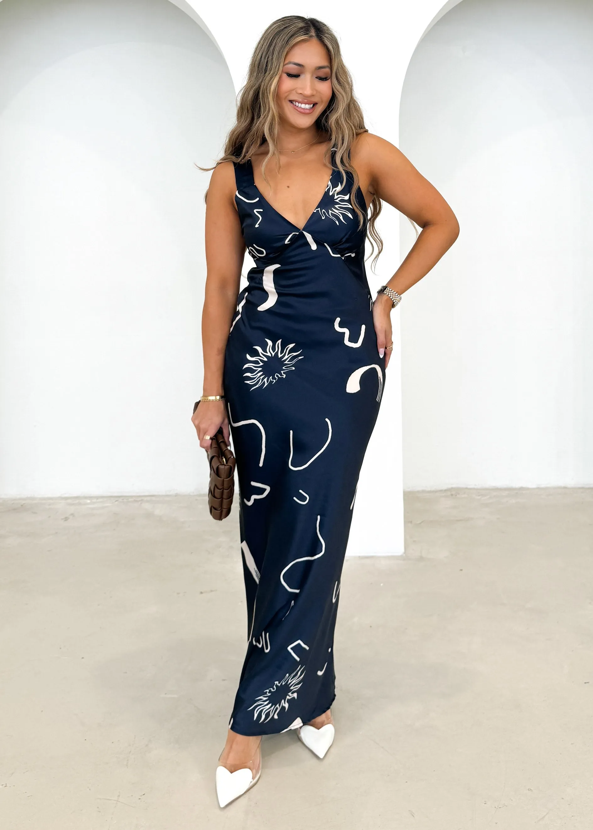 Taleena Maxi Dress - Navy Abstract sold by Gingham & Heels