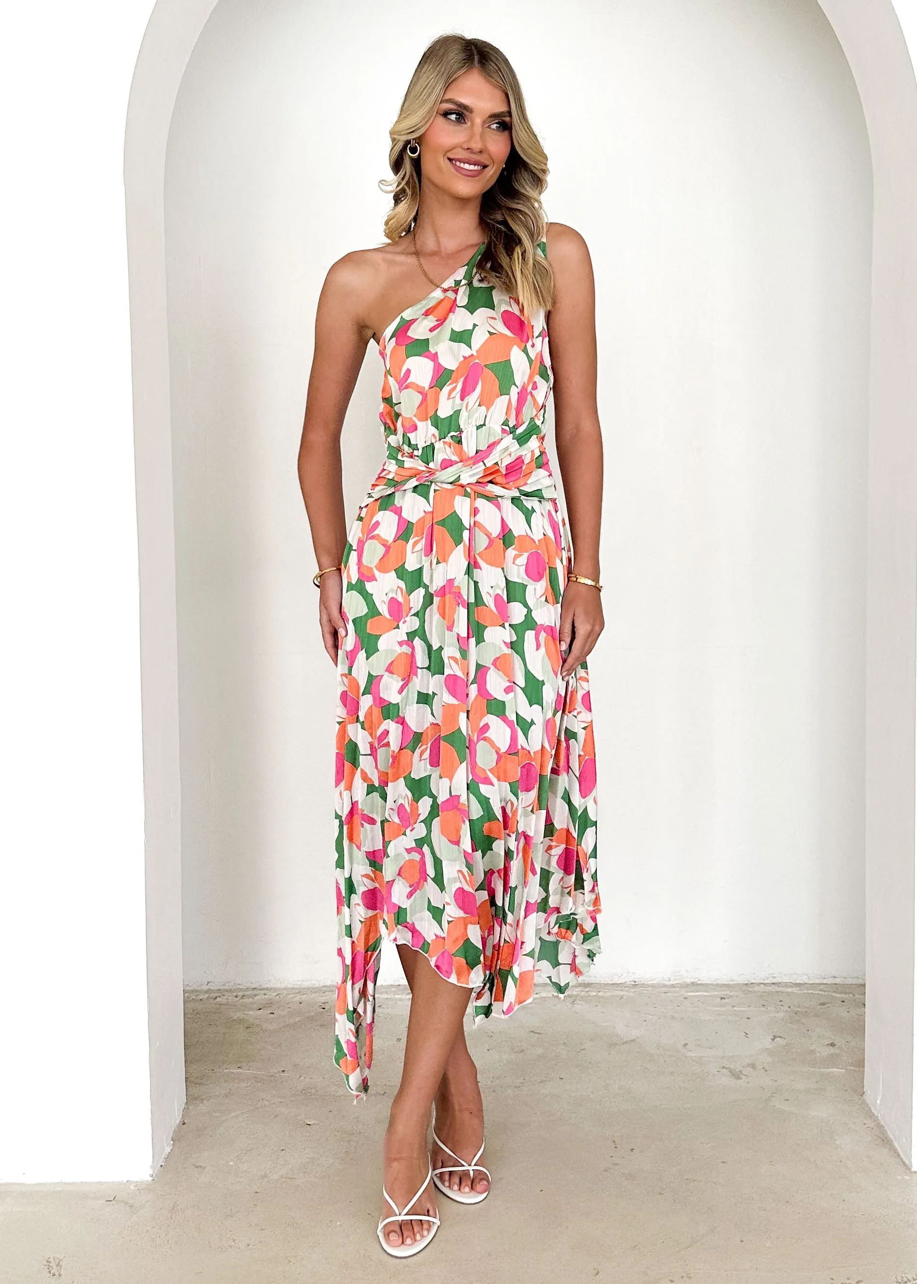 Dion One Shoulder Midi Dress - Green Lotus sold by Gingham & Heels