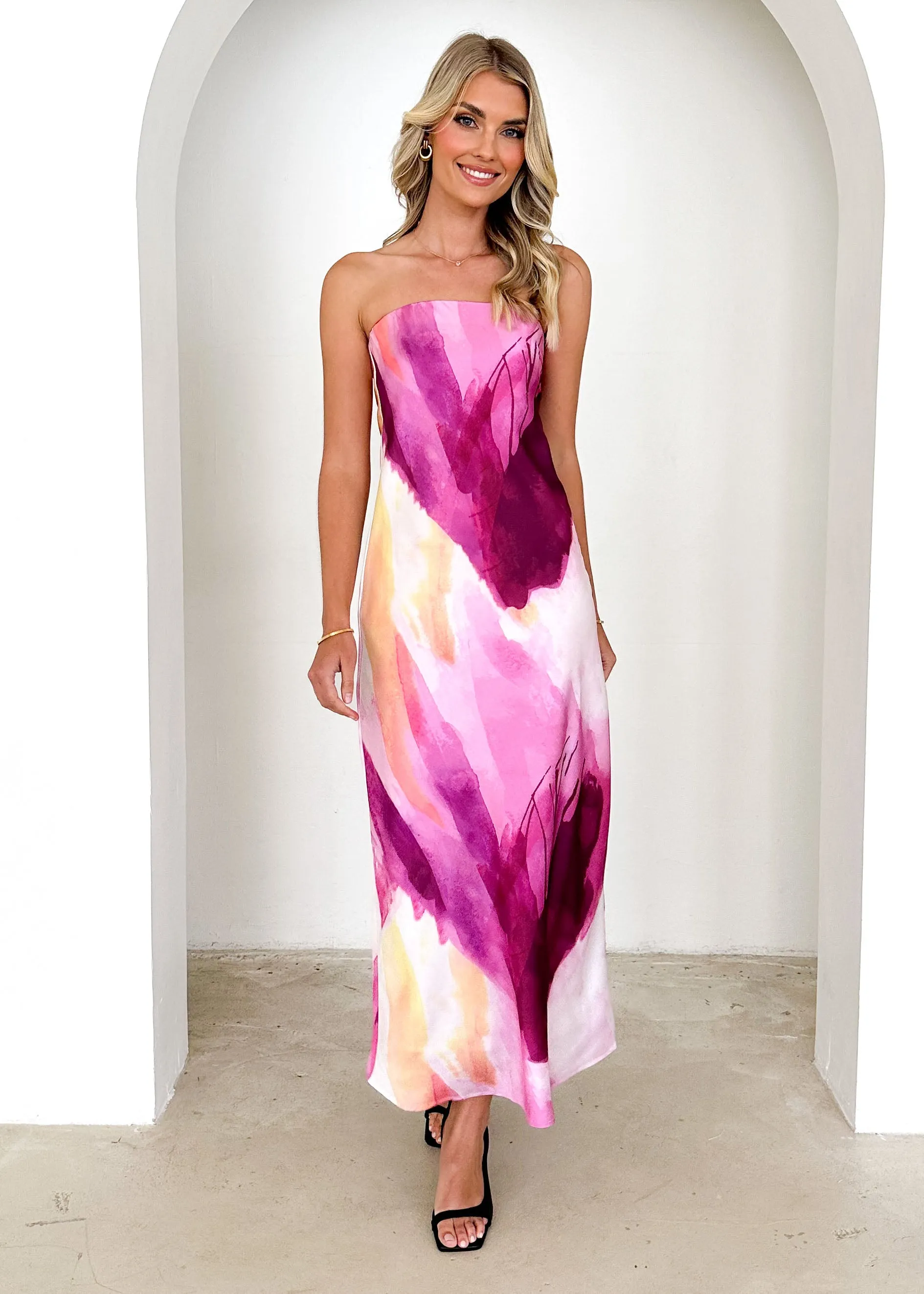 Georges Strapless Midi Dress - Magenta Tie Dye sold by Gingham & Heels product image thumbnail 5