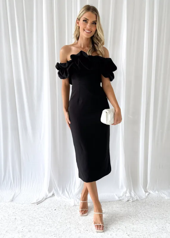 Nalini Off Shoulder Midi Dress - Black sold by Gingham & Heels