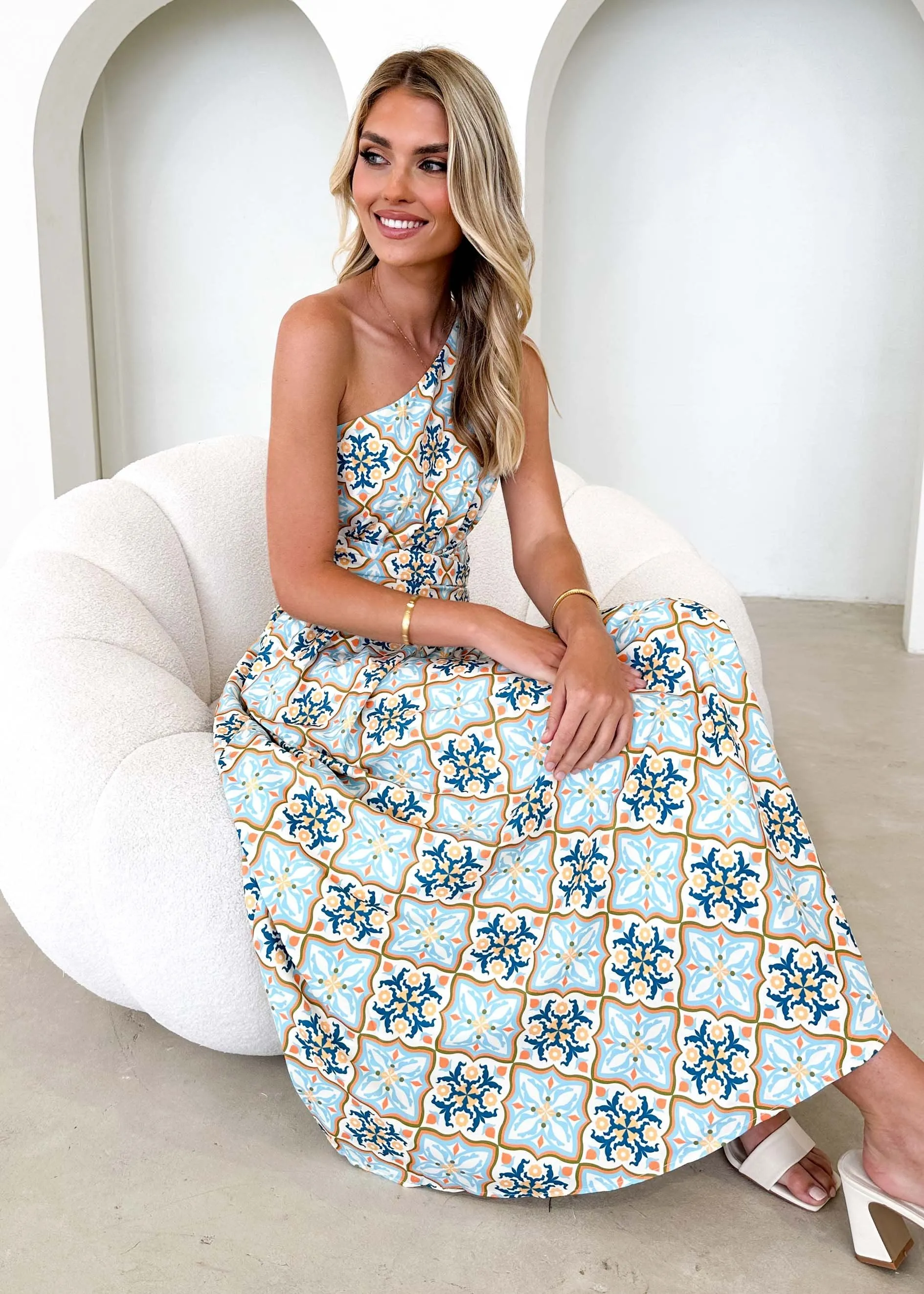 Oara One Shoulder Maxi Dress - Moroccan Tile sold by Gingham & Heels