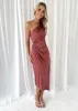 Dacer One Shoulder Midi Dress - Wine sold by Gingham & Heels