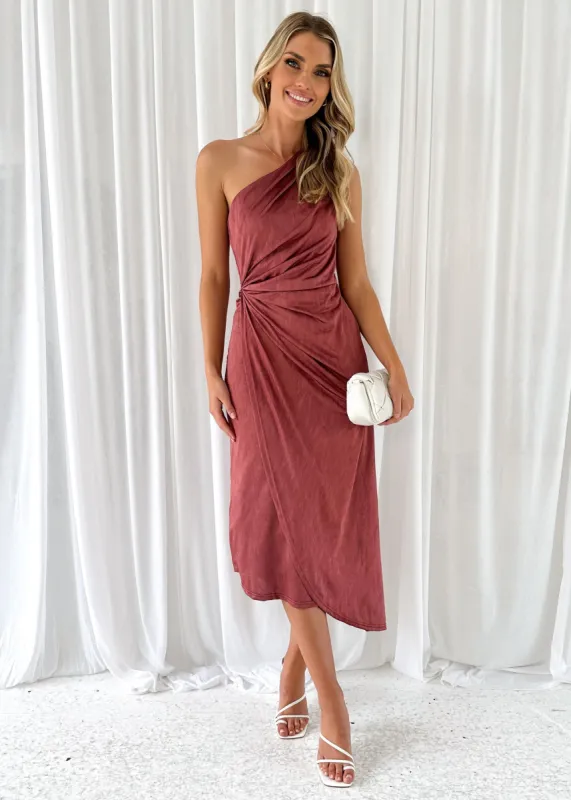 Dacer One Shoulder Midi Dress - Wine sold by Gingham & Heels