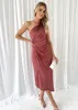 Dacer One Shoulder Midi Dress - Wine sold by Gingham & Heels