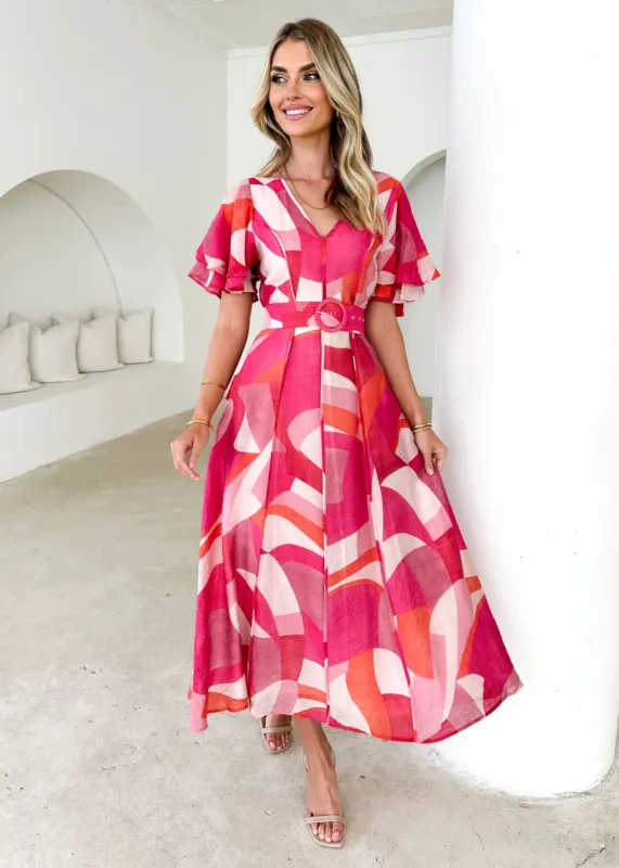 Callie Midi Dress - Pink Geo sold by Gingham & Heels