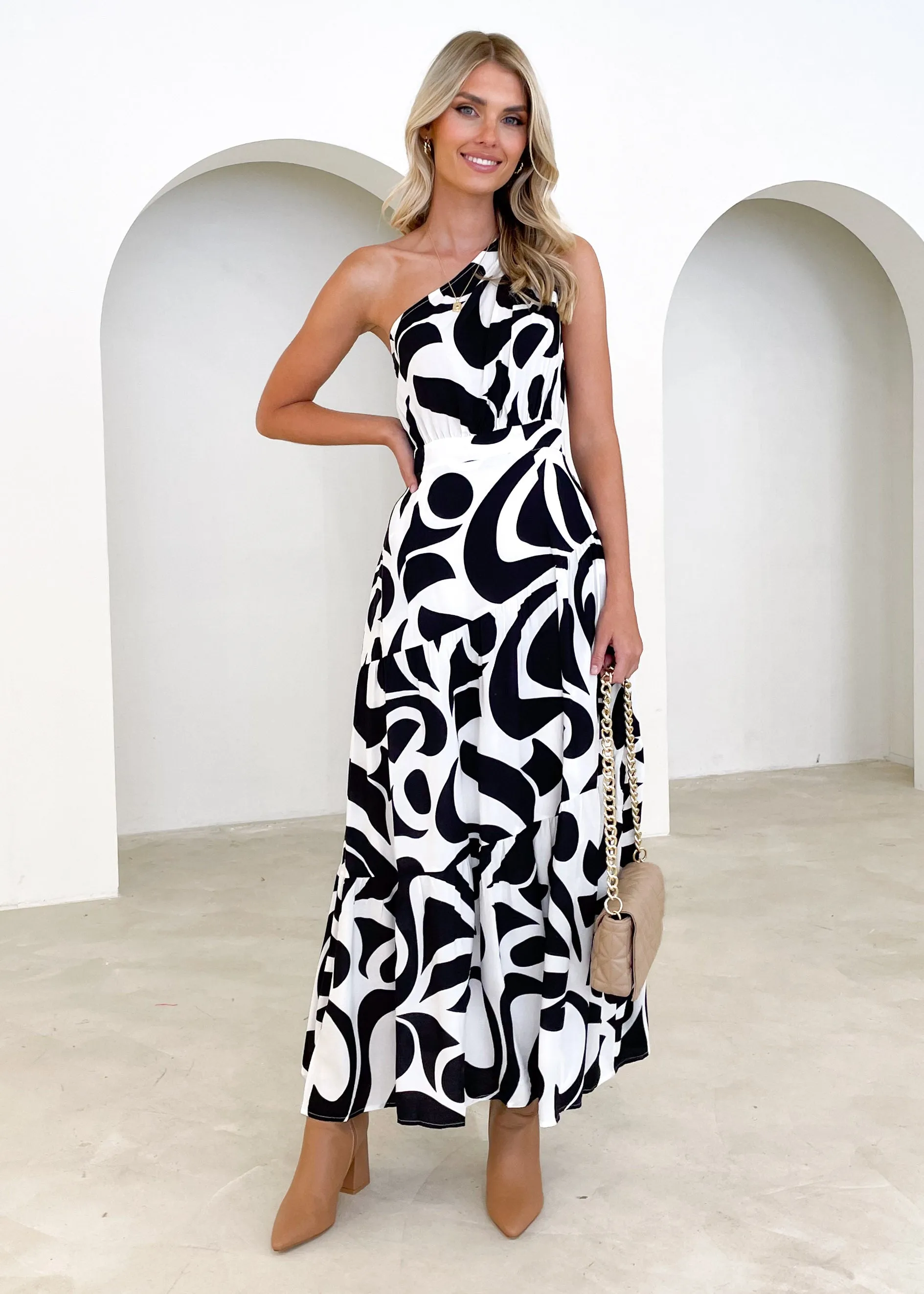 Toni One Shoulder Midi Dress - Black Geo sold by Gingham & Heels product image thumbnail 5