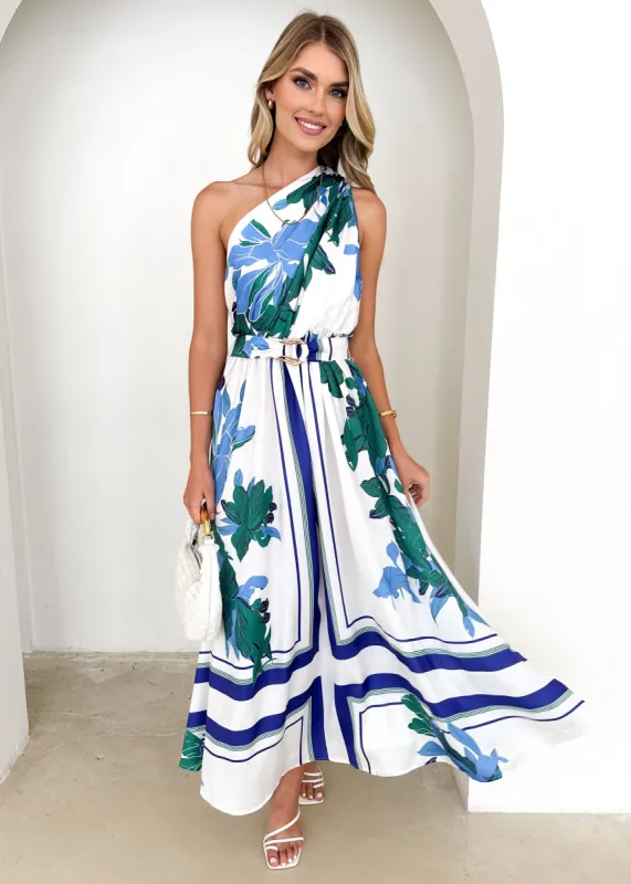 Korah One Shoulder Midi Dress - Green Flowers sold by Gingham & Heels