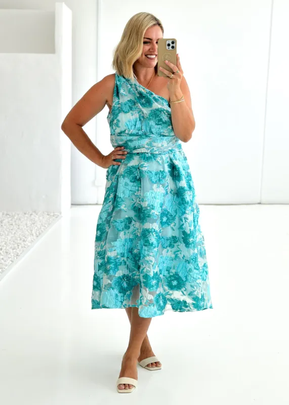 Gellina One Shoulder Midi Dress - Aqua Jacquard sold by Gingham & Heels
