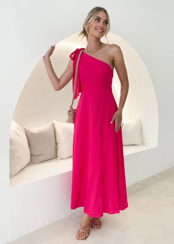 Nora One Shoulder Midi Dress - Hot Pink sold by Gingham & Heels