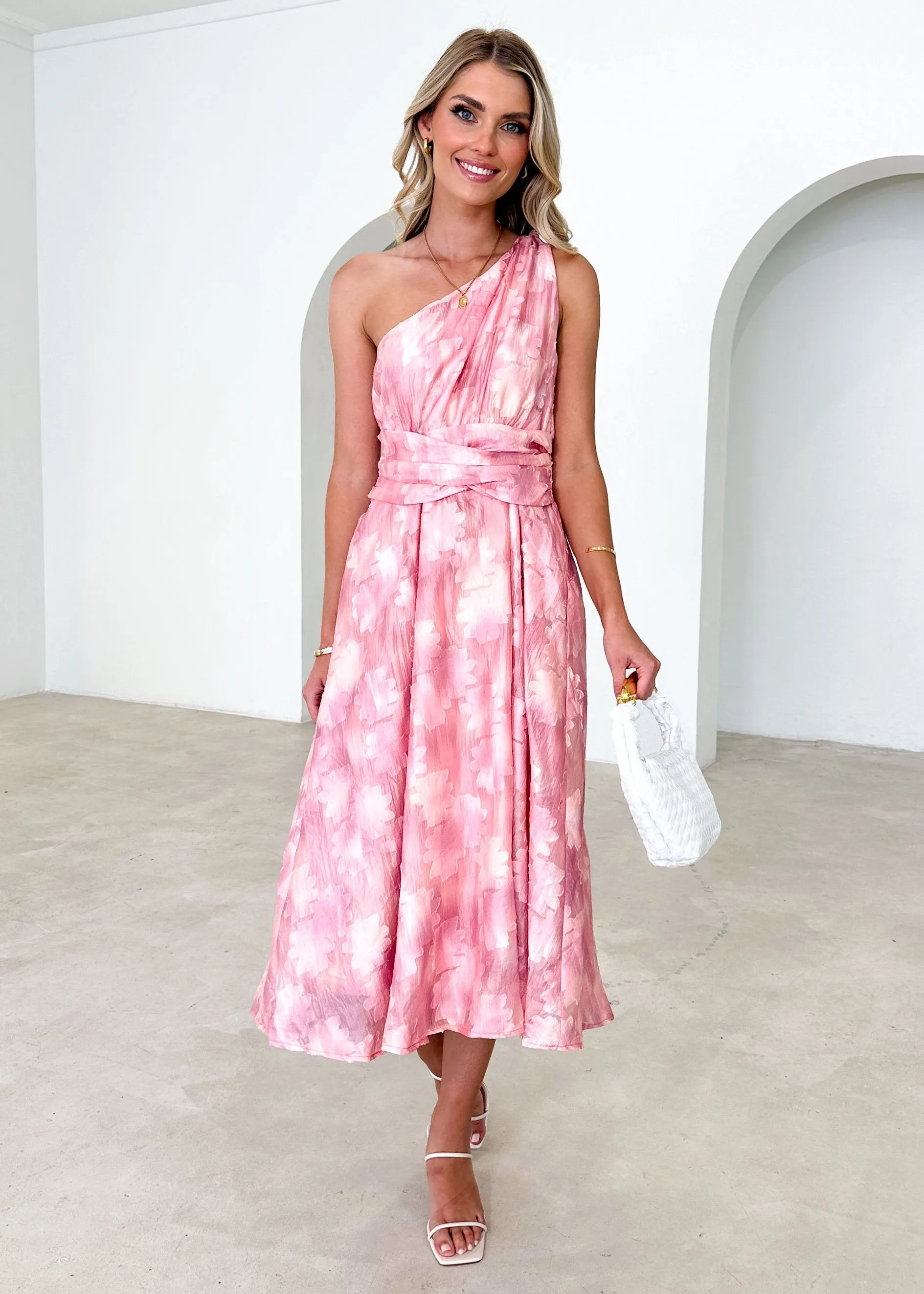 Gellina One Shoulder Midi Dress - Peach sold by Gingham & Heels