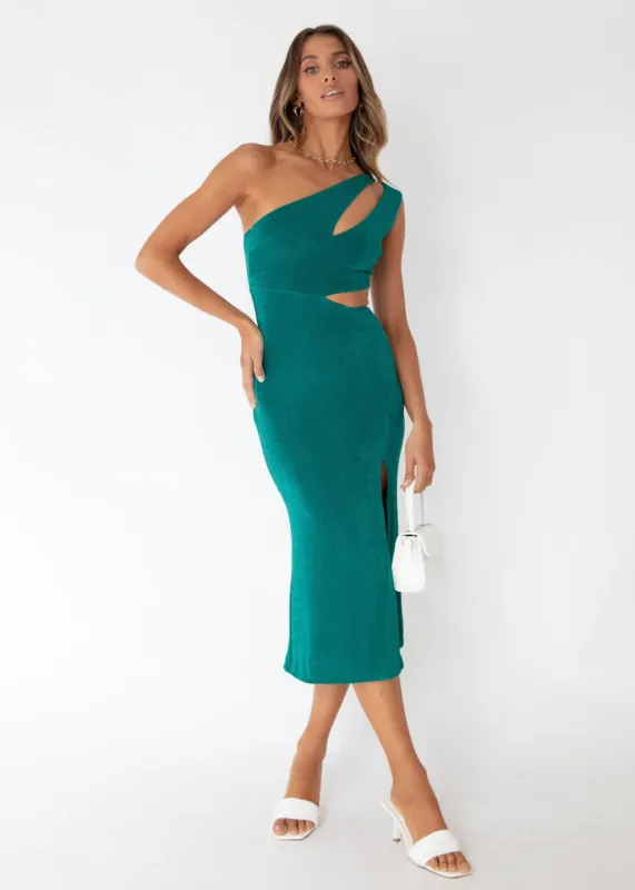 Distance One Shoulder Midi Dress - Emerald sold by Gingham & Heels