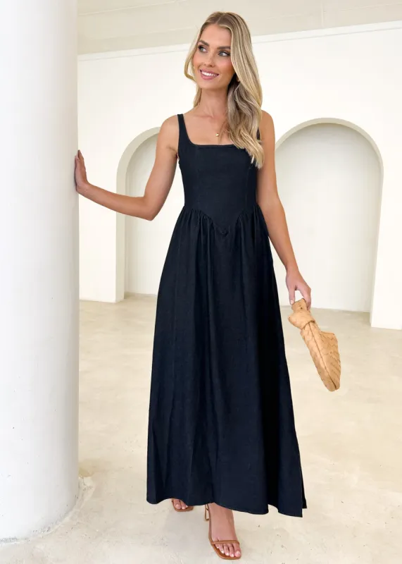 Thalassa Stretch Denim Maxi Dress - Black Denim sold by Gingham & Heels