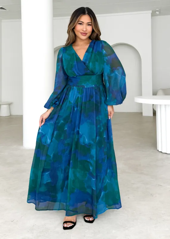 Amelle Maxi Dress - Blue Watercolour sold by Gingham & Heels
