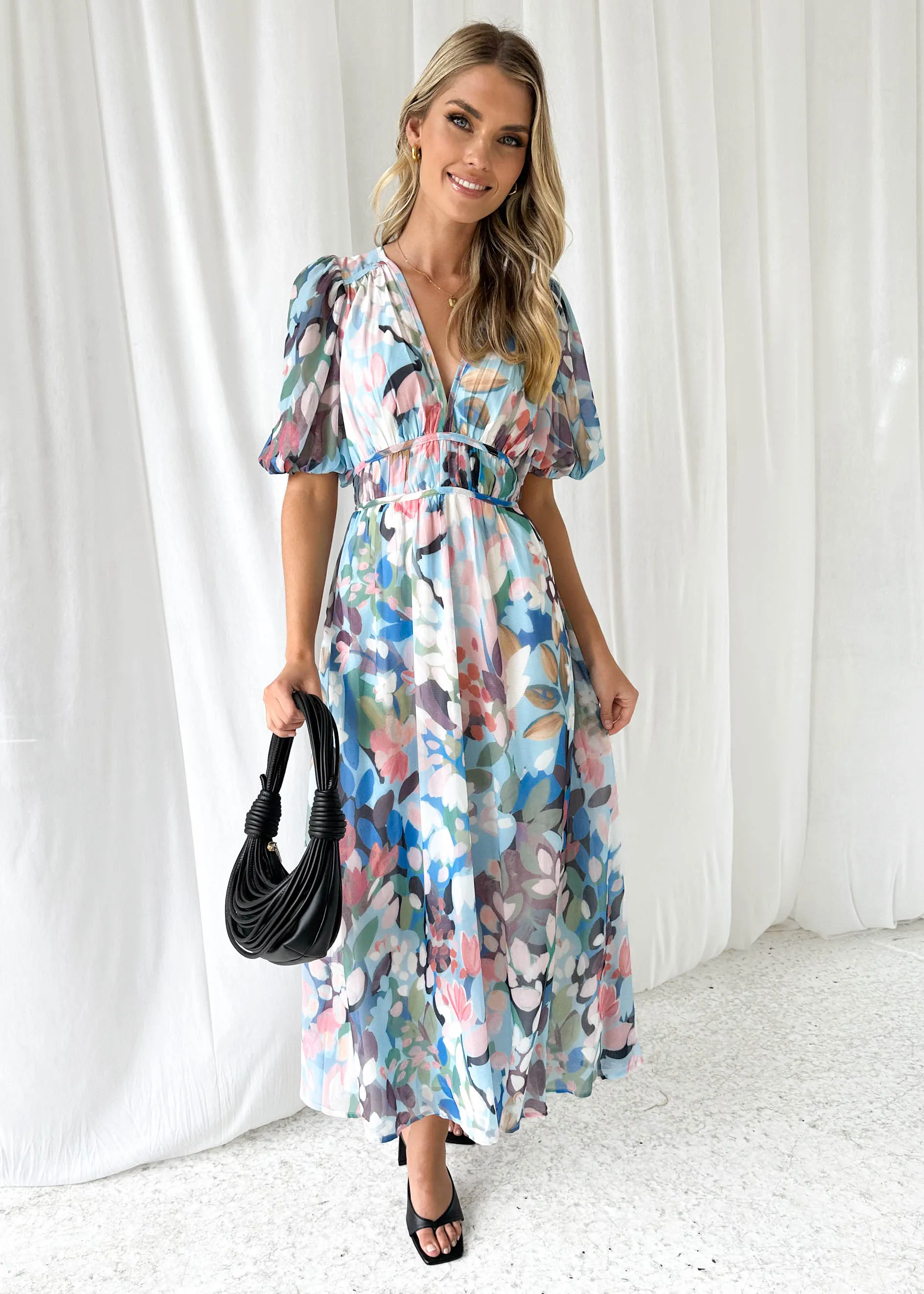 Zanette Midi Dress - Powder Blue Floral sold by Gingham & Heels