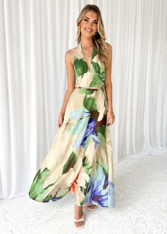 Depas Halter Maxi Dress - Beige Flowers sold by Gingham & Heels