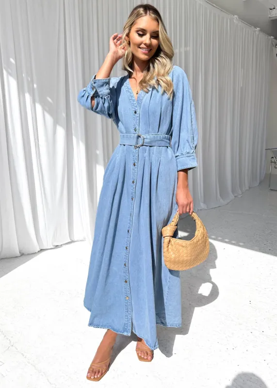 Camden Denim Midi Dress - Light Blue sold by Gingham & Heels